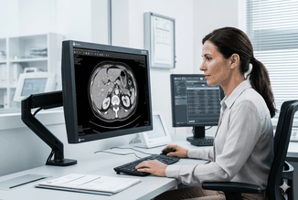 Monitor médico com certificação DICOM exibindo exame de imagem de alta precisão em ambiente clínico profissional