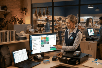 Setup de PDV com monitor AOC touchscreen de 19 polegadas, gaveta de dinheiro, leitor de código de barras e impressora fiscal, operado por uma funcionária experiente em um mercado urbano.