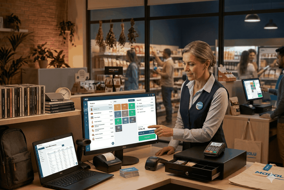 Setup de PDV com monitor AOC touchscreen de 19 polegadas, gaveta de dinheiro, leitor de código de barras e impressora fiscal, operado por uma funcionária experiente em um mercado urbano.