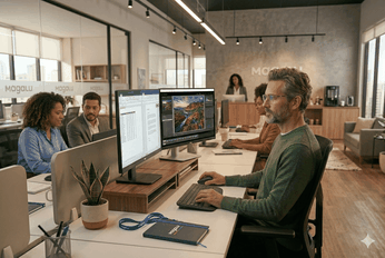 Cenário de escritório corporativo moderno com upgrade de monitor corporativo de alta resolução (AOC QHD/Dell 4K) focado em produtividade e bem-estar