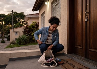 Mulher na porta de casa depois de procurar a chave na bolsa e percebeu que perdeu a chave.