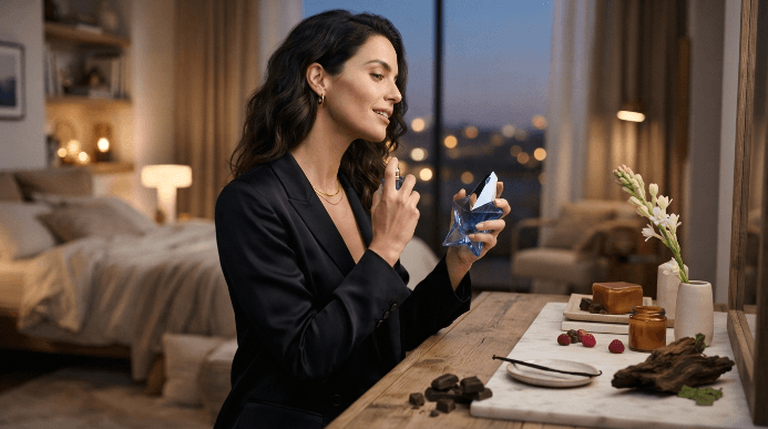 Mulher aplicando perfume Angel feminino ao lado de um frasco azul em formato de estrela, em ambiente elegante com ilumina&ccedil;&atilde;o suave.