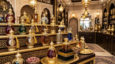 Frascos de perfume árabe feminino doce e marcante exposto em loja tradicional com detalhes dourados e decoração sofisticada.