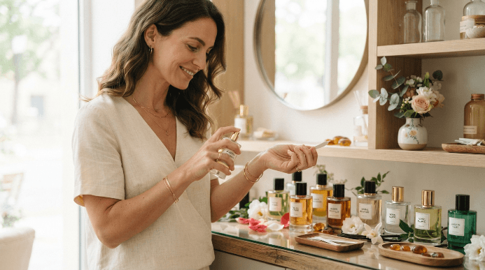Mulher experimentando perfume feminino diante de uma penteadeira com diferentes frascos de fragrâncias e elementos florais ao redor.