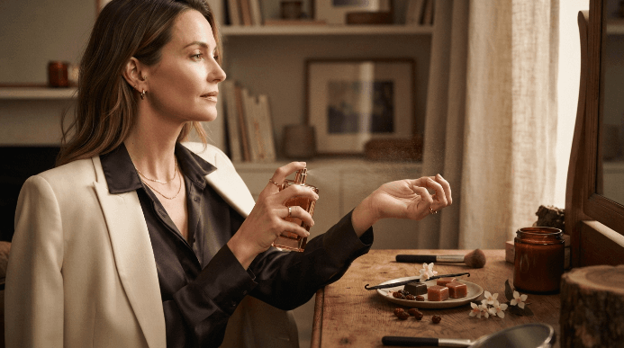 Mulher aplicando perfume feminino doce em ambiente elegante, com frasco &acirc;mbar e detalhes sutis de baunilha, flores e frutas vermelhas.