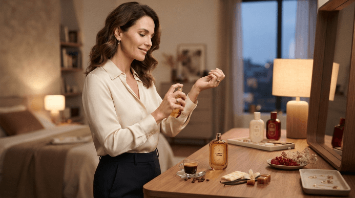 Mulher aplicando perfume feminino em ambiente elegante, com frasco &acirc;mbar, caf&eacute; e detalhes gourmand sobre a penteadeira.