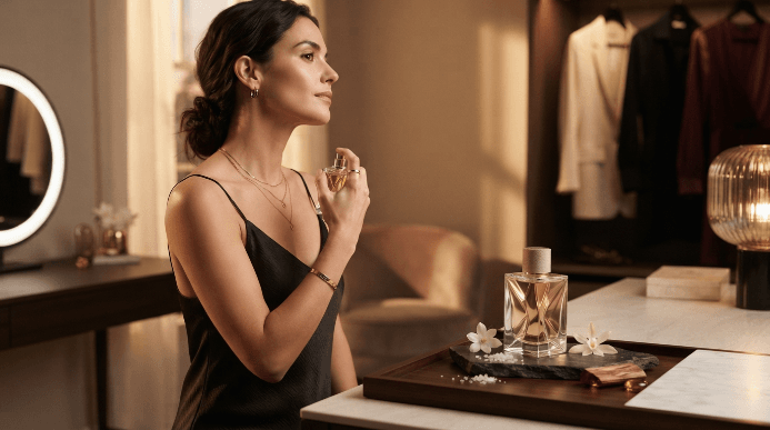Mulher aplicando perfume feminino em ambiente sofisticado, com frasco dourado, jasmim e detalhes sutis de baunilha e sal sobre a bancada.