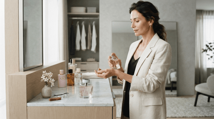 Mulher aplicando perfume feminino em ambiente minimalista, com frascos elegantes sobre uma penteadeira e ilumina&ccedil;&atilde;o natural suave.
