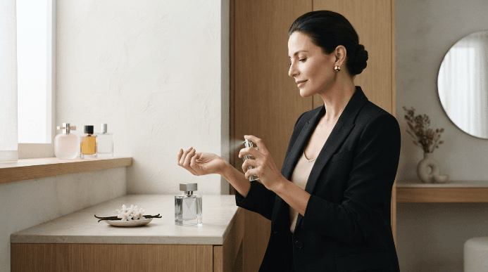 Mulher aplicando perfume feminino em ambiente minimalista, com frascos elegantes sobre uma penteadeira e iluminação natural suave.