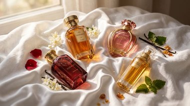 Frascos de perfume feminino sobre tecido branco para ilustrar perfumes nacionais femininos que deixam rastro.