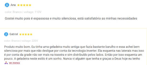 Coment&aacute;rios de clientes reais no site do Magalu sobre a geladeira que escolheram.