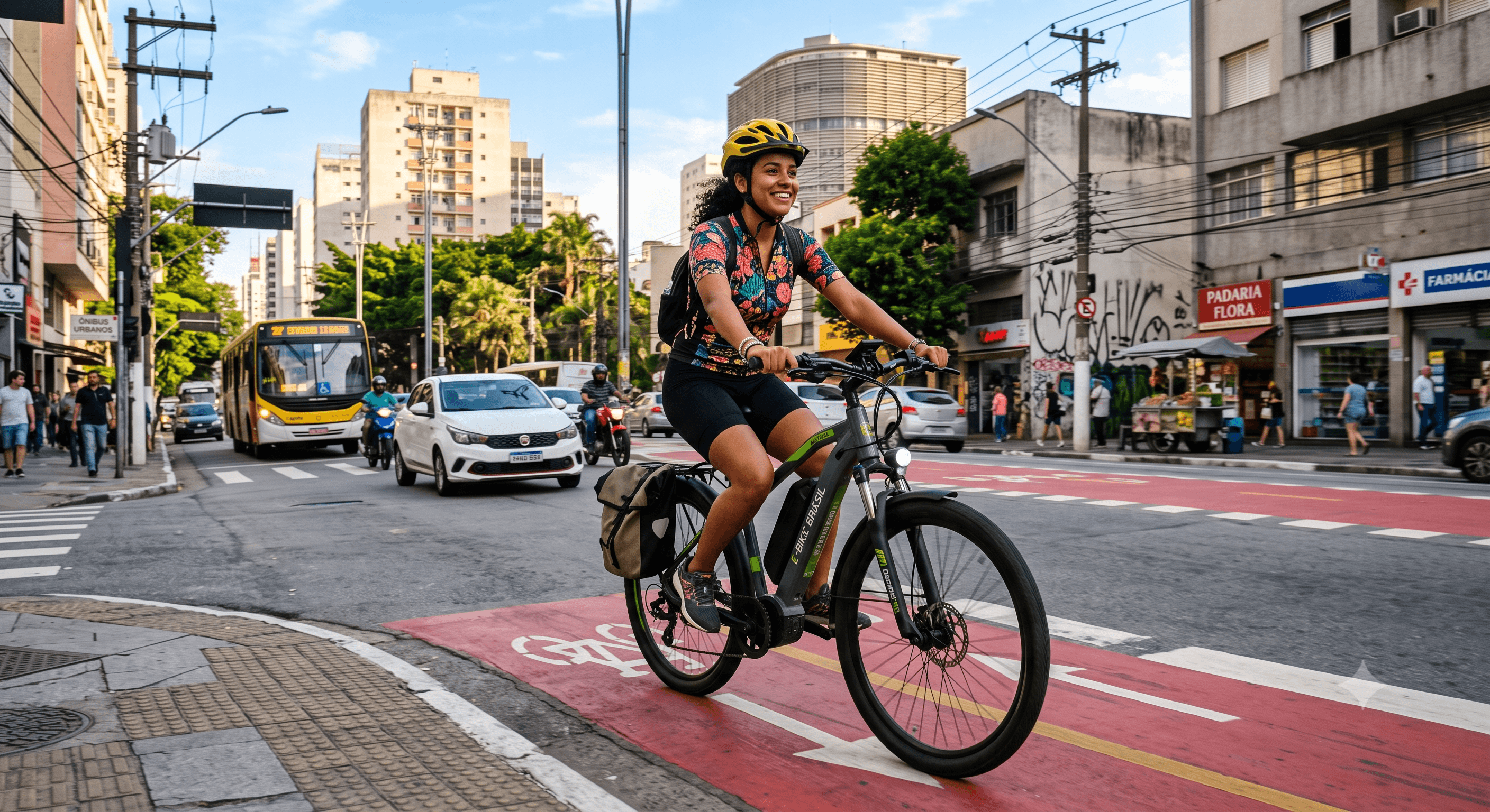 Mulher em uma bicicleta elétrica indo pelas ruas da cidade