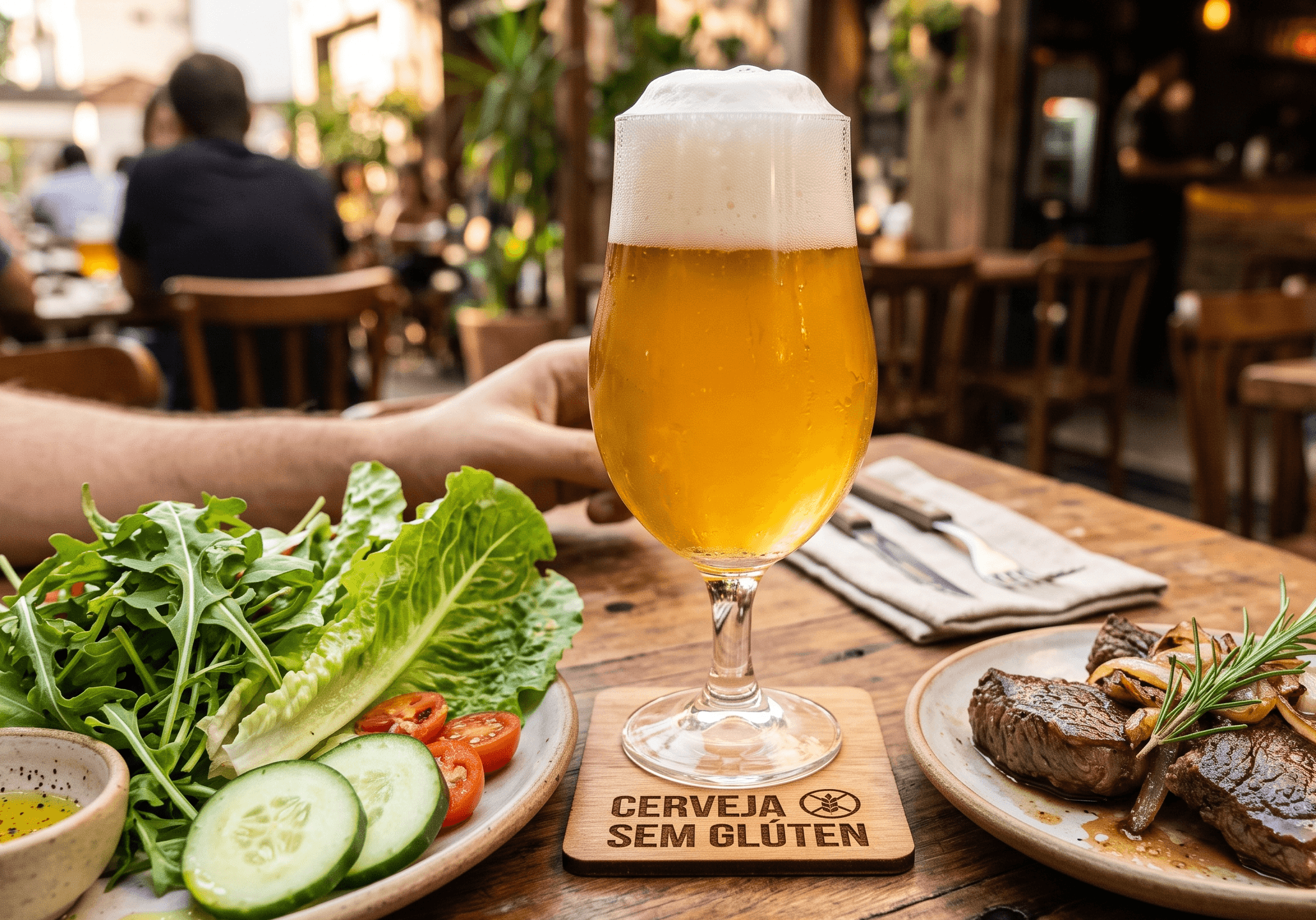 Copo de cerveja sem gl&uacute;ten dourada com espuma, ao lado de pratos de salada verde e pequenos peda&ccedil;os de carne em mesa de bar.