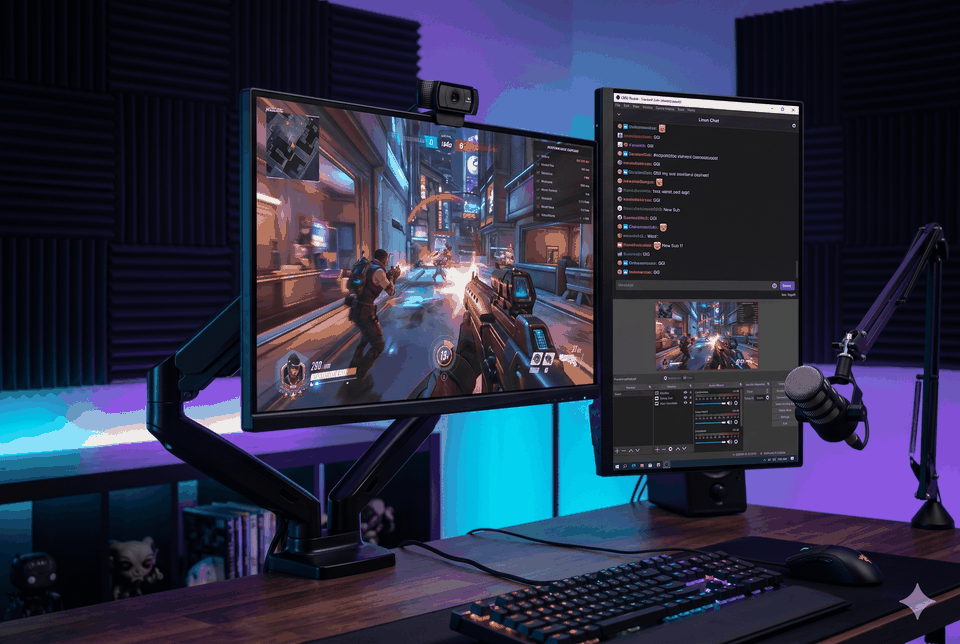 Fotografia realista de um setup de streaming com dois monitores montados em suporte articulado, exibindo um jogo de FPS e um chat de live com OBS.