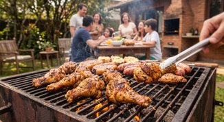 Close da grelha com tulipas temperadas, família se divertindo no fundo, comendo churrasco.
