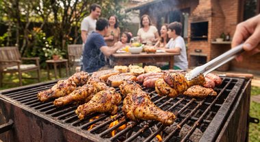Close da grelha com tulipas temperadas, família se divertindo no fundo, comendo churrasco.